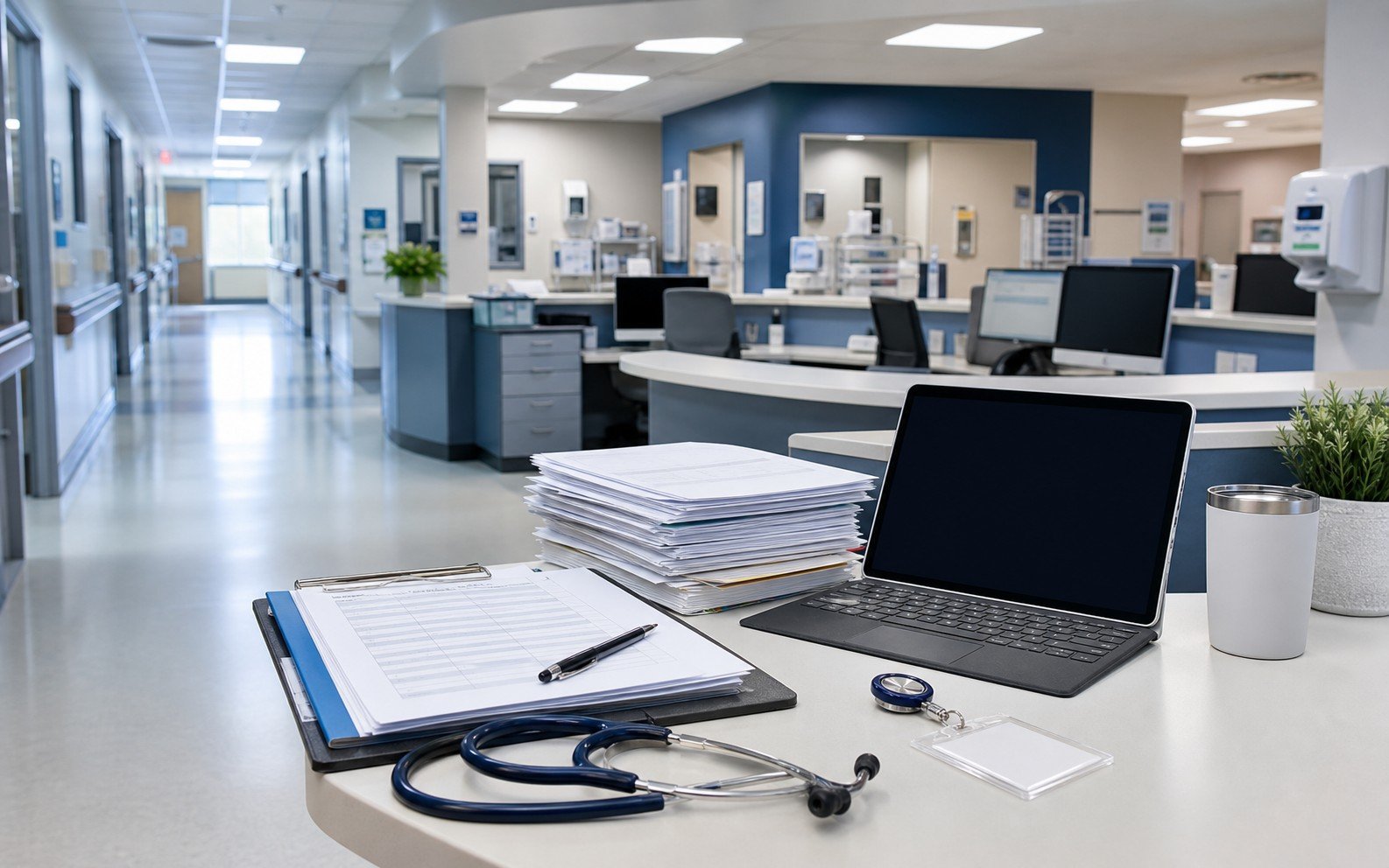Hospital unit hallway and clinical desk for nursing resources