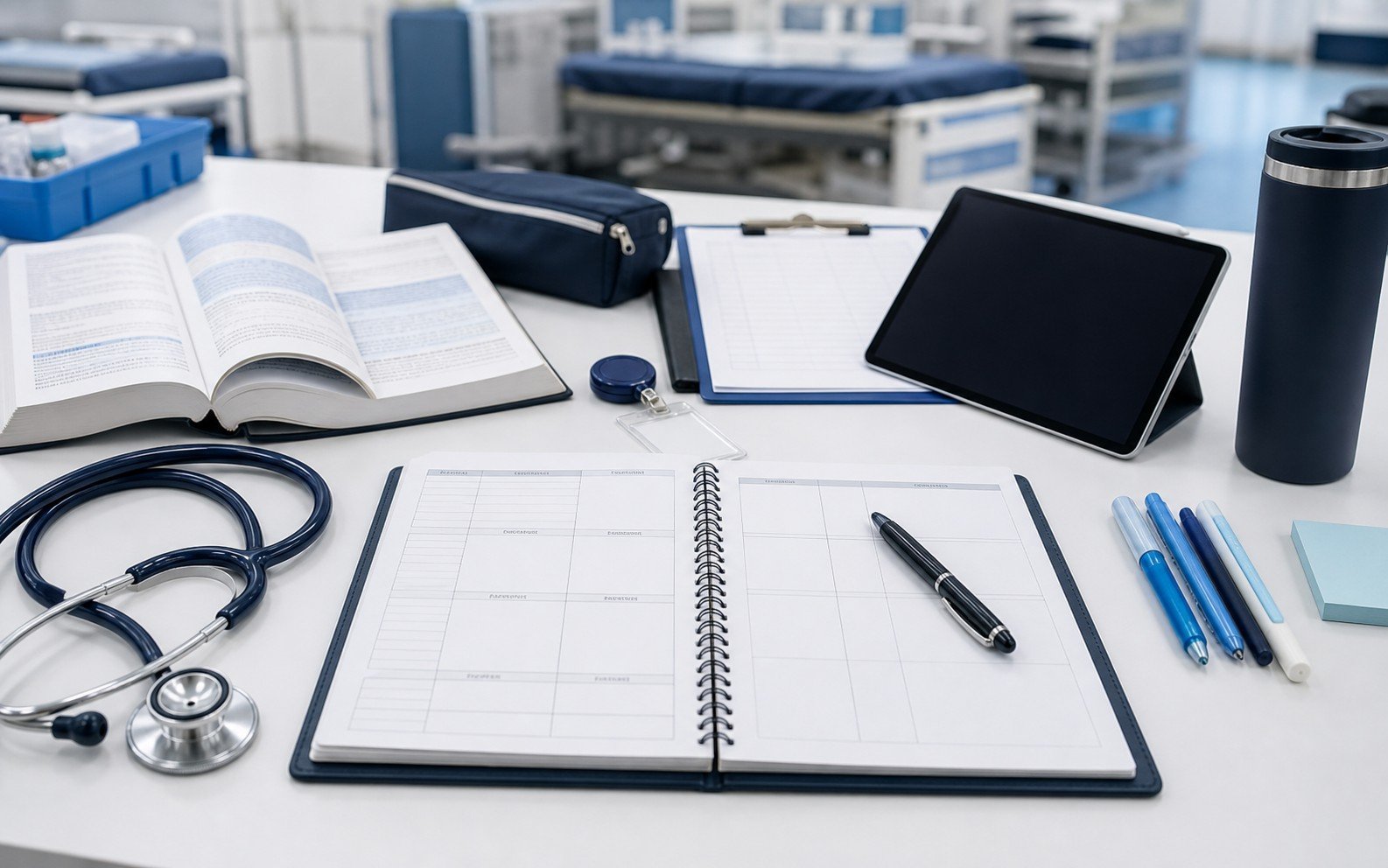 Nursing student clinical prep workspace