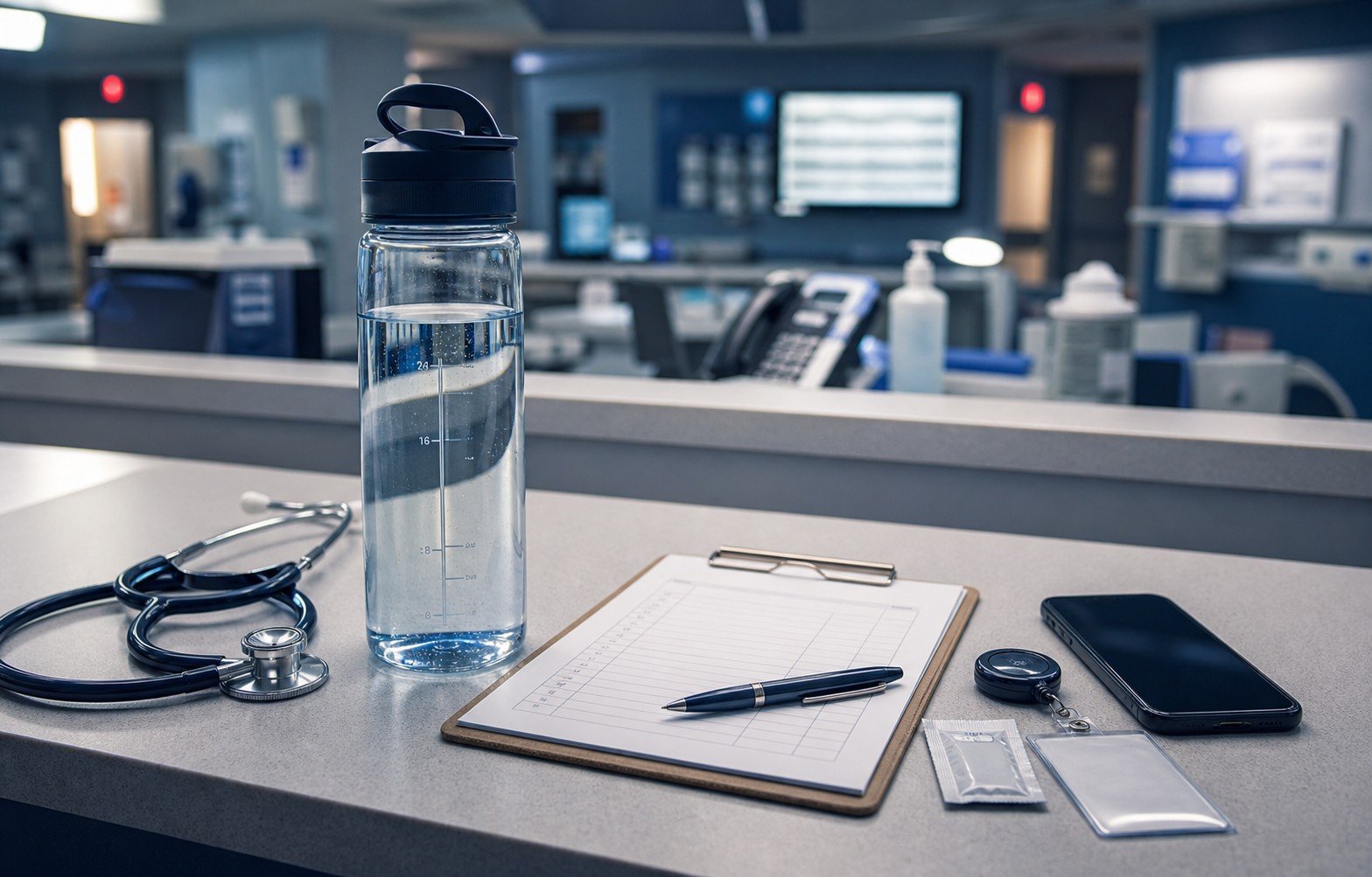 Water bottle and clinical workspace for hydration strategy