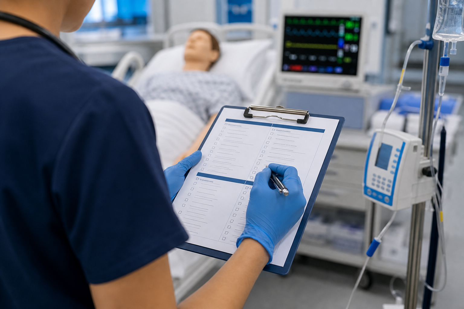 Nursing student clinical prep action scene in a simulation lab