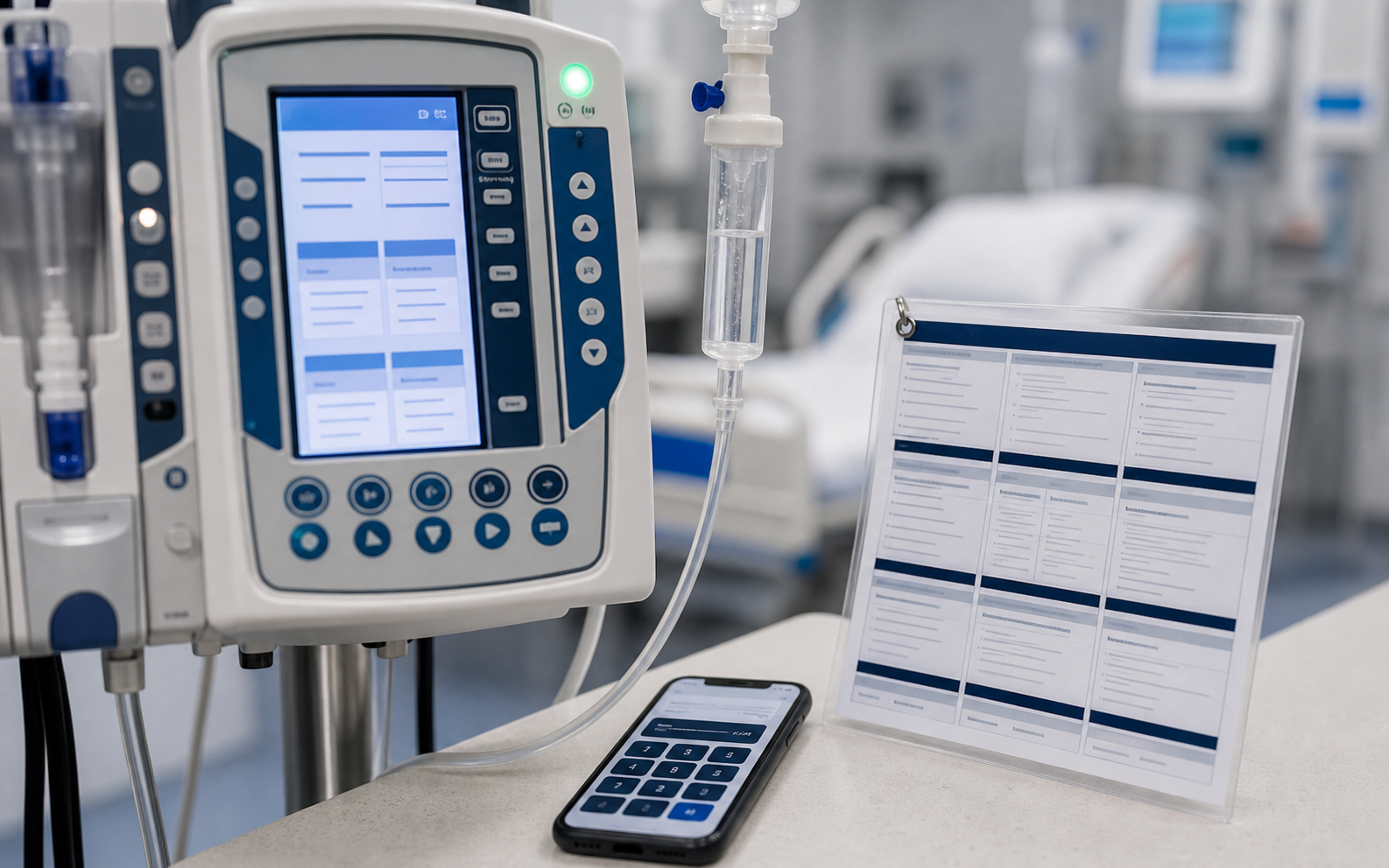 Realistic clinical calculator workspace with medication reference materials