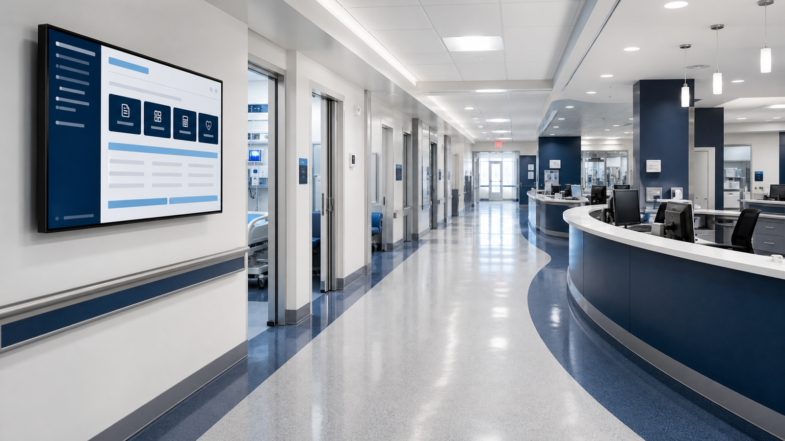 Modern hospital hallway and resource screen for clinical nursing tools