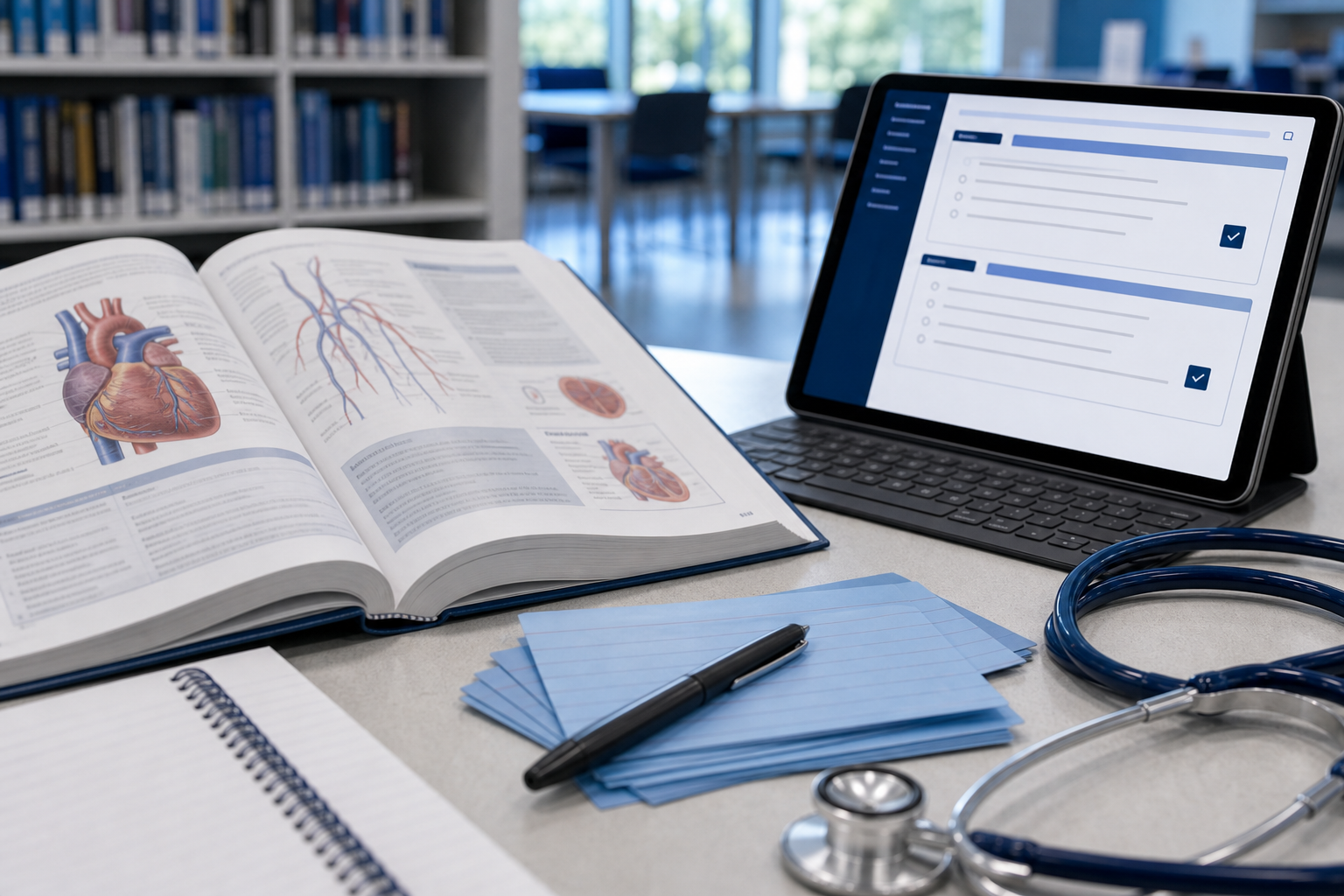 Nursing study materials with anatomy reference and quiz tablet