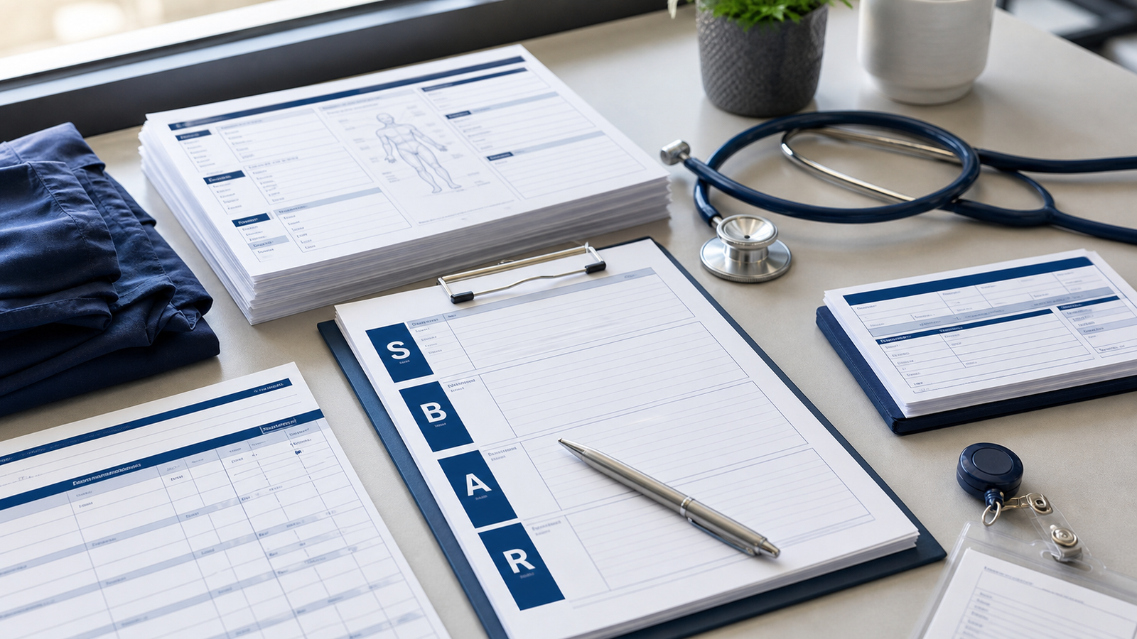 Realistic product preview showing a stack of printable nursing worksheets