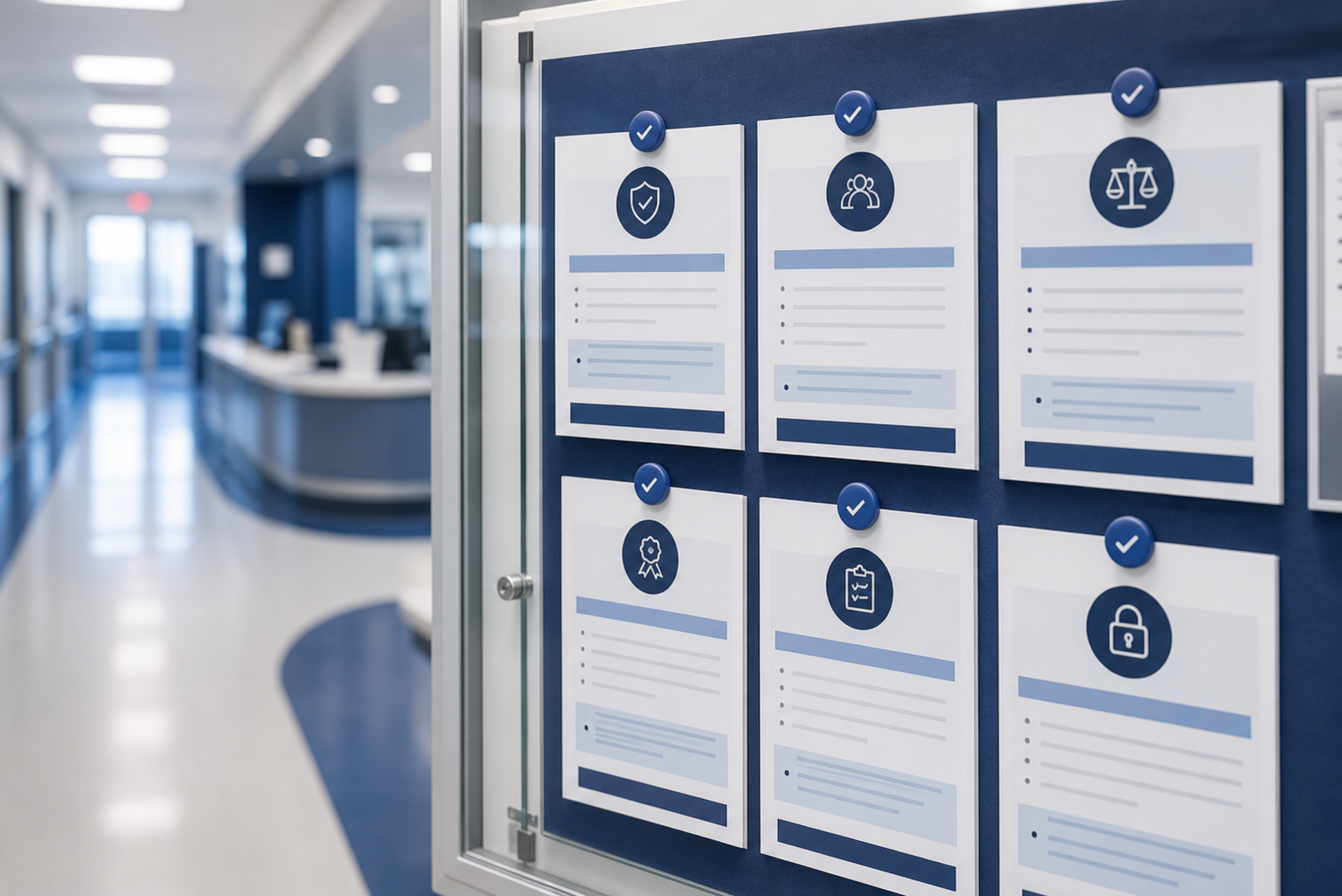 Clean healthcare quality board with abstract policy cards and clinical safety cues